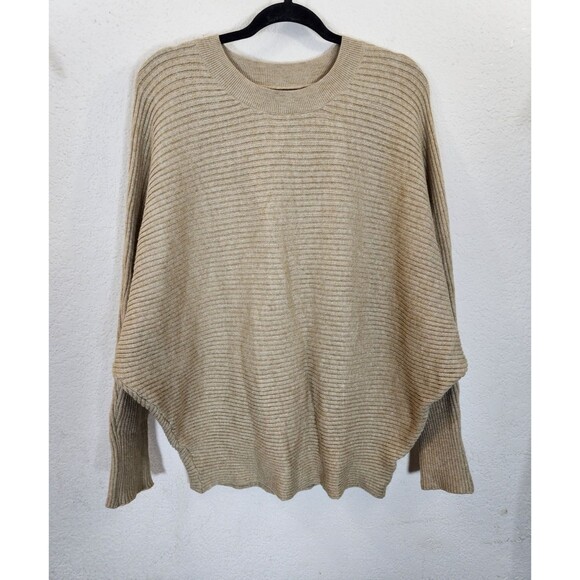 Unbranded Women M Sweater Beige Ribbed Knit Dolman Sleeve Oversized Batwing Boho - Picture 1 of 5